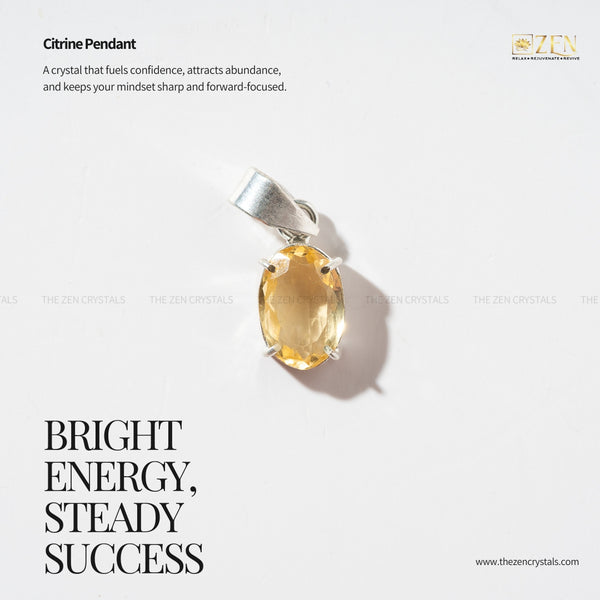Citrine pendant with silver setting on a white background, featuring text about its properties.
