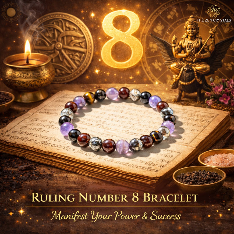 ruling number 8 bracelet on an open book with candles and statues, featuring the number 8 and text about manifesting power and success.