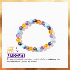 sagittarius zodiac bracelet with lepidolite stones on a white background, featuring text about its benefits.