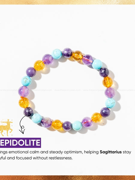 sagittarius zodiac bracelet with lepidolite stones on a white background, featuring text about its benefits.