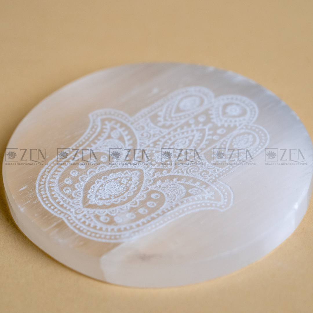 Selenite Plate with Hamsa Hand | The Zen Crystals