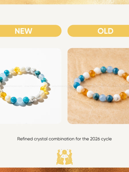 Two beaded bracelets labeled 'New' and 'Old' on a gold and beige background.