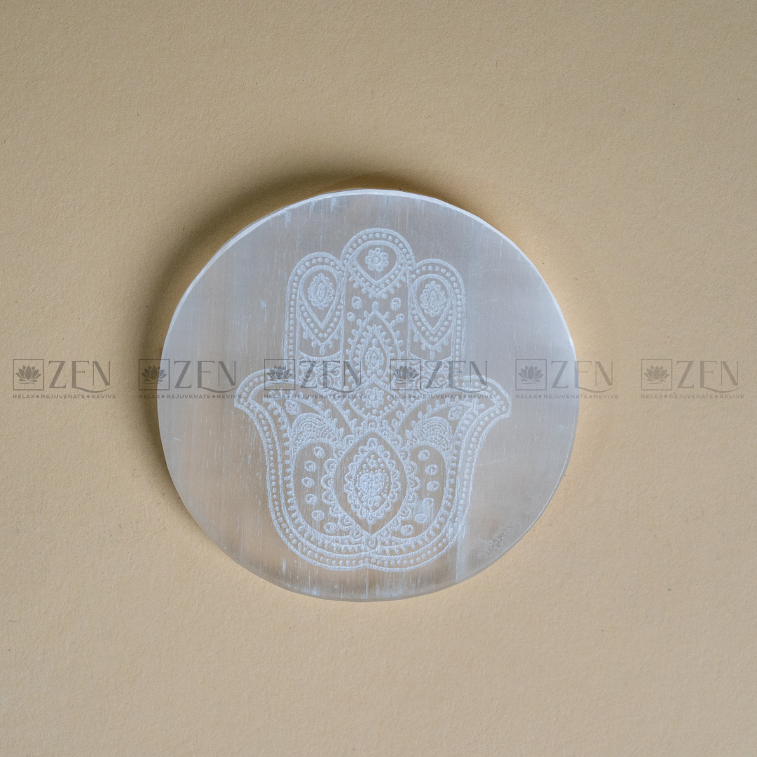 Selenite Plate with Hamsa Hand | The Zen Crystals