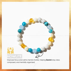 gemini zodiac bracelet on a white background with text about howlite and its benefits.