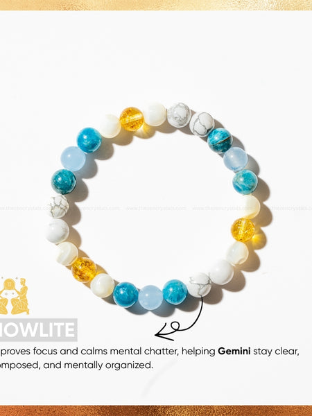 gemini zodiac bracelet on a white background with text about howlite and its benefits.