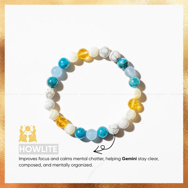 gemini zodiac bracelet on a white background with text about howlite and its benefits.