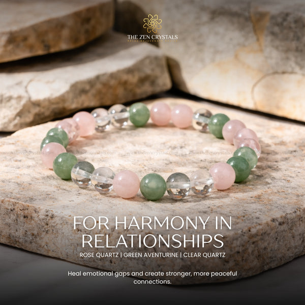 Harmony In Relationship Bracelet with rose quartz, green aventurine, and clear quartz on a stone surface with 'The Zen Crystals' branding.
