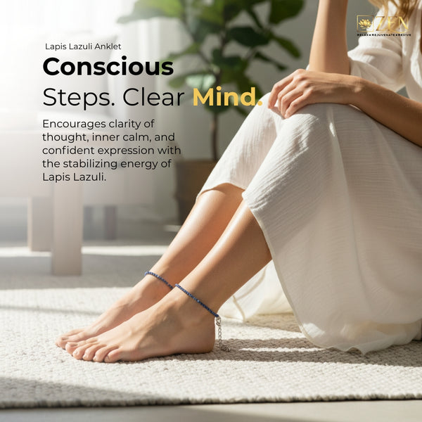Woman wearing a Lapis Lazuli Anklet on her feet, showcasing calm confidence and elegant everyday wear.