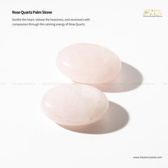 Two rose quartz palm stones on a white background with text about their properties.