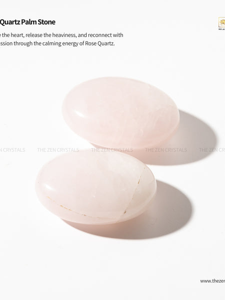 Two rose quartz palm stones on a white background with text about their properties.