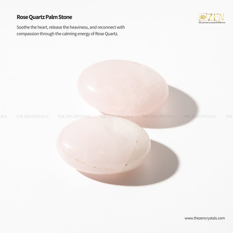 Two rose quartz palm stones on a white background with text about their properties.