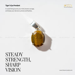 Tiger's Eye pendant with silver setting on a white background, featuring text about its properties.