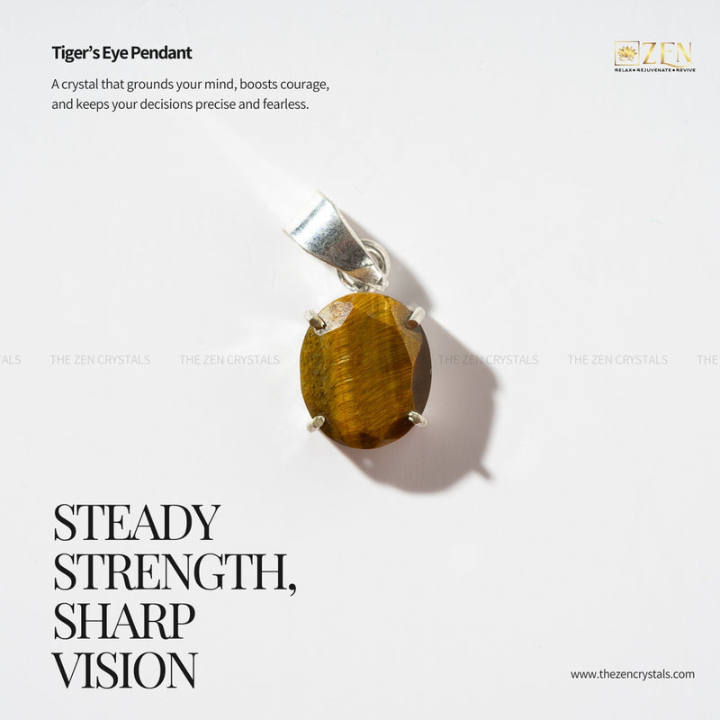 Tiger's Eye pendant with silver setting on a white background, featuring text about its properties.