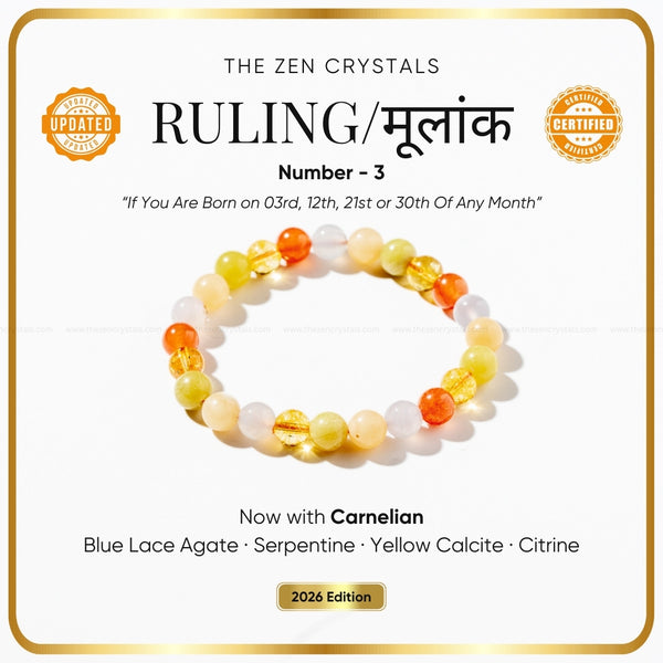 Ruling Number (मूलांक) 3 Bracelet with text about gemstones and a gold border