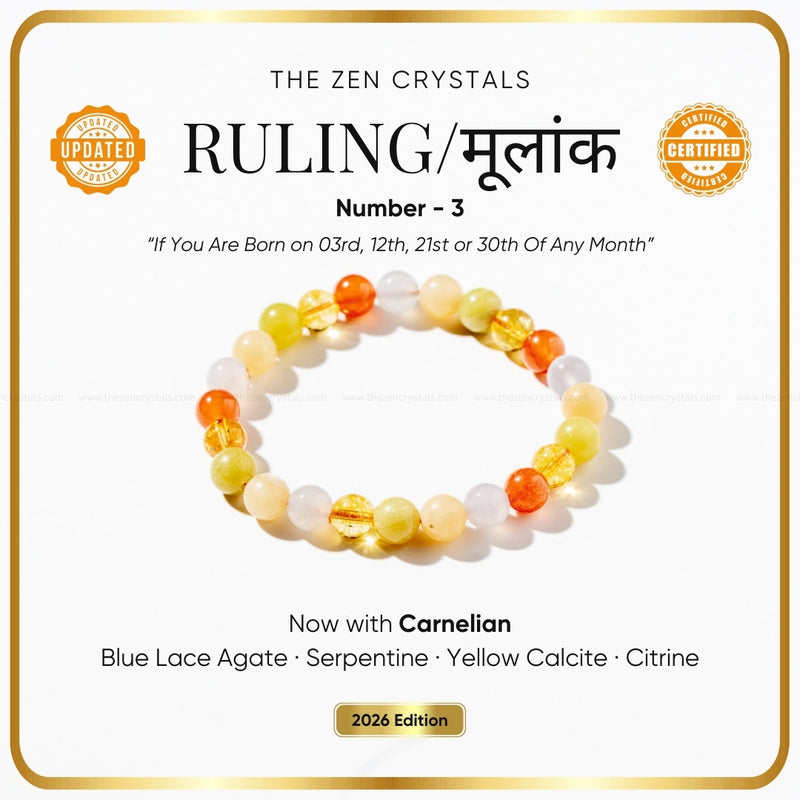 Ruling Number (मूलांक) 3 Bracelet with text about gemstones and a gold border