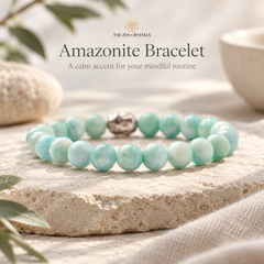 An amazonite beaded bracelet with a silver accent bead, displayed on a textured stone slab with a linen cloth and soft-focus props in the background. Text overlay reads 'The Zen Crystals Amazonite Bracelet'.