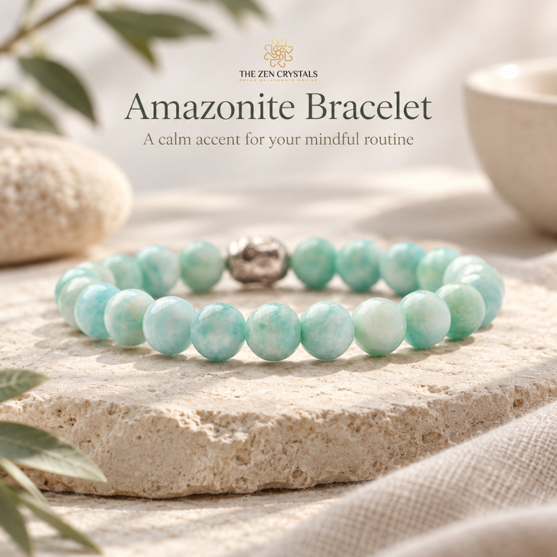 An amazonite beaded bracelet with a silver accent bead, displayed on a textured stone slab with a linen cloth and soft-focus props in the background. Text overlay reads 'The Zen Crystals Amazonite Bracelet'.