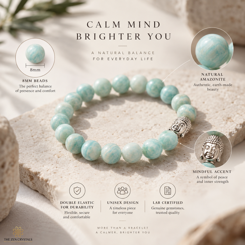 A beaded bracelet made of light aquamarine-blue round beads with a silver Buddha head charm, displayed on a stone slab with informational callouts and text about natural amazonite and mindfulness.