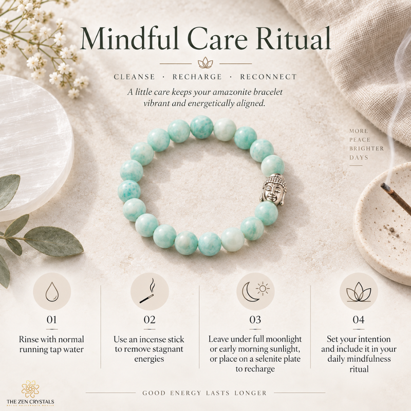 A beaded bracelet made of light aquamarine blue round beads with a silver-toned Buddha charm, displayed on a textured cream fabric. The image is a styled product graphic with text overlays explaining a mindful care ritual, including steps 01 to 04, and branding for 'The Zen Crystals'.