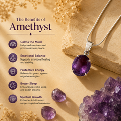 An amethyst pendant necklace with a silver chain is displayed on a beige background alongside amethyst crystals and dried flowers. Text on the left lists the benefits of amethyst, including calming the mind, emotional balance, protective energy, better sleep, and spiritual growth.