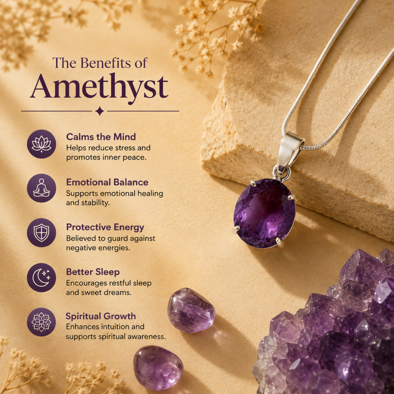 An amethyst pendant necklace with a silver chain is displayed on a beige background alongside amethyst crystals and dried flowers. Text on the left lists the benefits of amethyst, including calming the mind, emotional balance, protective energy, better sleep, and spiritual growth.