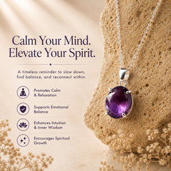 Amethyst pendant displayed on a textured stone prop with decorative dried flowers. The left side features promotional text reading 'Calm Your Mind.