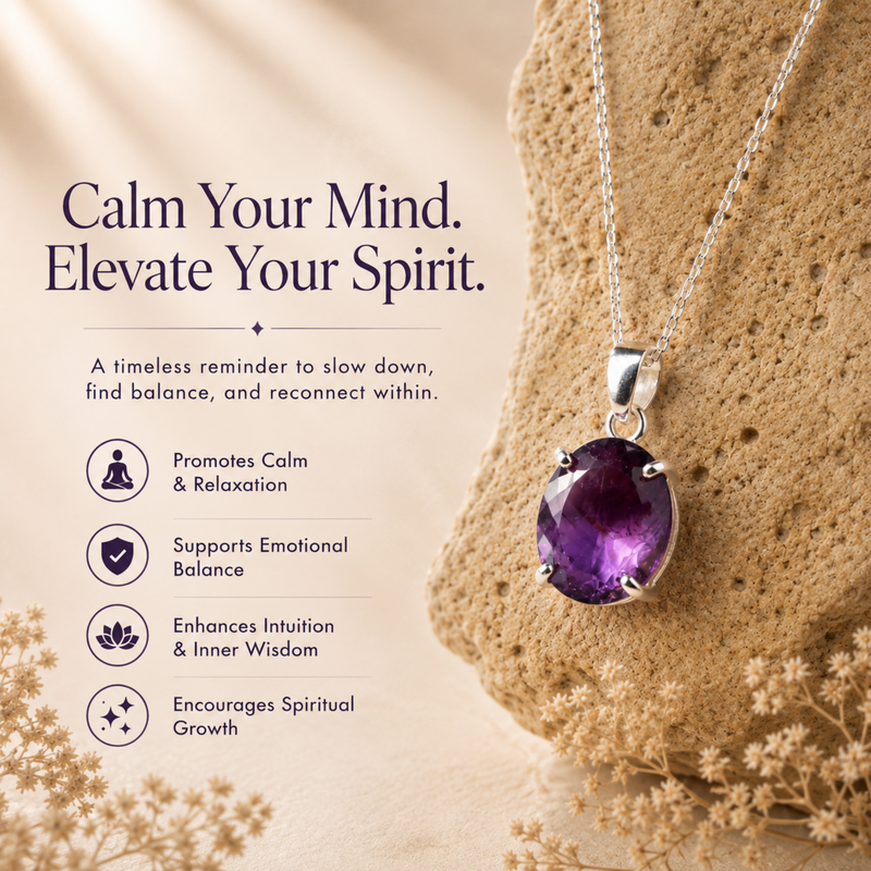 Amethyst pendant displayed on a textured stone prop with decorative dried flowers. The left side features promotional text reading 'Calm Your Mind.