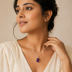 A woman wearing an Amethyst pendant, styled with a cream-colored top against a warm beige background.