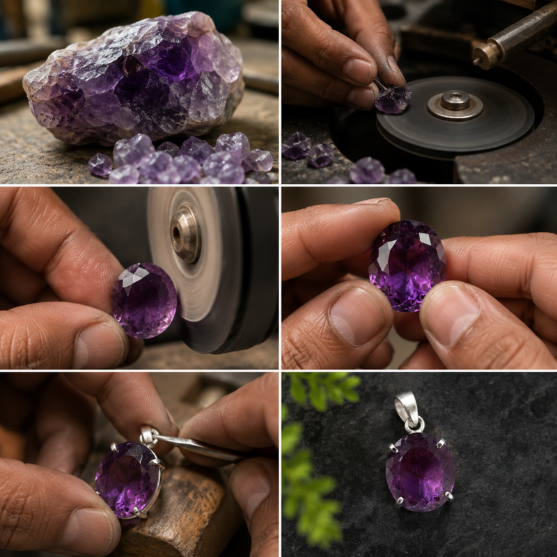 Six-panel collage showing the process of crafting an amethyst pendant: a raw purple crystal cluster, hands grinding a small piece, a faceted purple gemstone, a silver setting, and the finished pendant displayed.