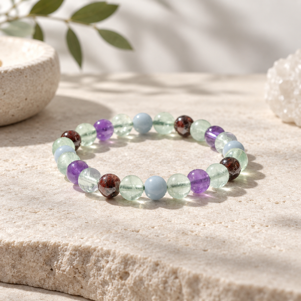 A beaded stretch bracelet made of translucent round gemstone beads in pastel green, light blue, purple, and brown, displayed on a textured beige stone surface with soft natural shadows.