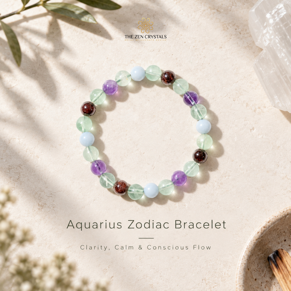 A beaded stretch bracelet for the Aquarius zodiac, featuring translucent light green, lavender purple, pale blue, and dark brown gemstone beads. The bracelet is displayed on a textured beige surface with soft shadows, alongside decorative elements like a crystal cluster, dried flowers, and a bowl of matches.