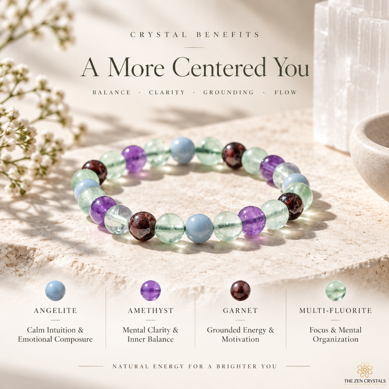 A beaded stretch bracelet displayed on a light stone surface, with text overlays describing crystal benefits and a color legend identifying the beads as angelite, amethyst, garnet, and multi-fluorite. The bracelet features translucent light blue, lavender purple, and dark brown beads.