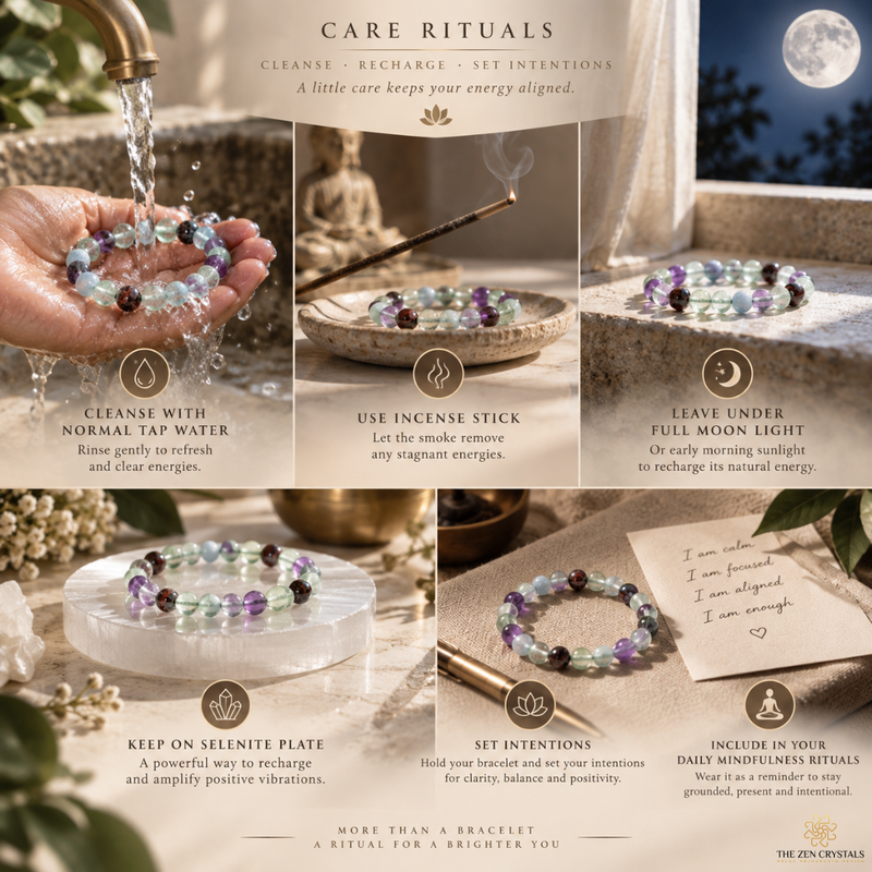 A six-panel care ritual infographic for a purple and green amethyst beaded bracelet, showing hands washing it under running water, using an incense stick, and wearing it on a wrist. The text outlines various spiritual care and intention-setting rituals.