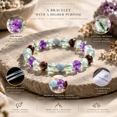A multicolor beaded crystal bracelet displayed on a textured stone surface, surrounded by circular callout graphics highlighting features such as 5mm beads, natural crystals, double elastic, and lab certification. The background is a warm, neutral stone texture.