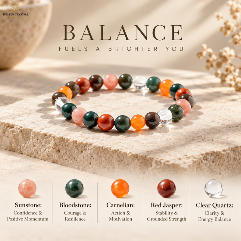 A beaded stretch bracelet made of polished gemstone beads in orange, green, pink, red, and clear, displayed on a stone slab with the words 'BALANCE' and 'FUELS A BRIGHTER YOU' above it. Five bead types are shown below with names and meanings: Sunstone, Bloodstone, Carnelian, Red Jasper, and Clear Quartz.