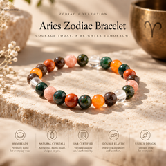 A beaded Aries Zodiac bracelet displayed on a stone surface with promotional text and feature icons. The bracelet features round beads in orange, pink, green, brown, and clear, with a polished metallic bowl in the background.