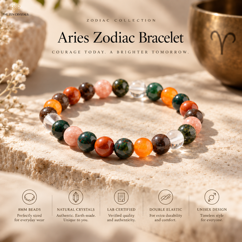 A beaded Aries Zodiac bracelet displayed on a stone surface with promotional text and feature icons. The bracelet features round beads in orange, pink, green, brown, and clear, with a polished metallic bowl in the background.