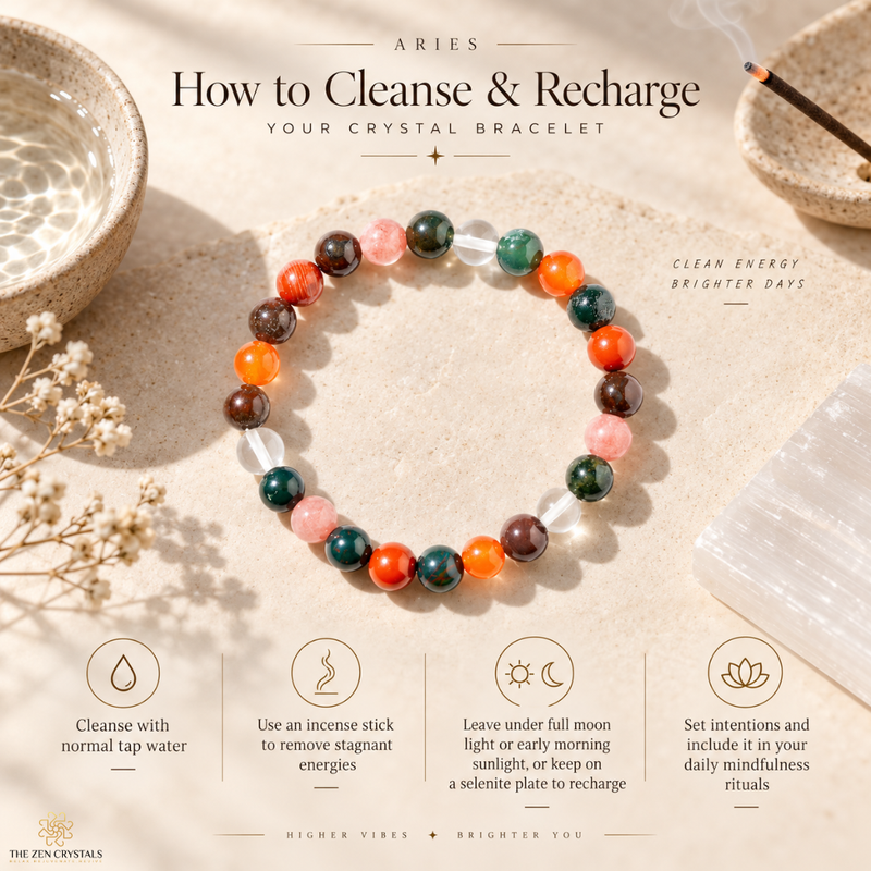 A beaded crystal bracelet arranged in a circle on a light beige textured surface, with decorative dried flowers, a small dish, and a smoking incense stick around it. Text at the top reads 'How to Cleanse & Recharge Your Crystal Bracelet' with additional ritual instructions along the bottom.