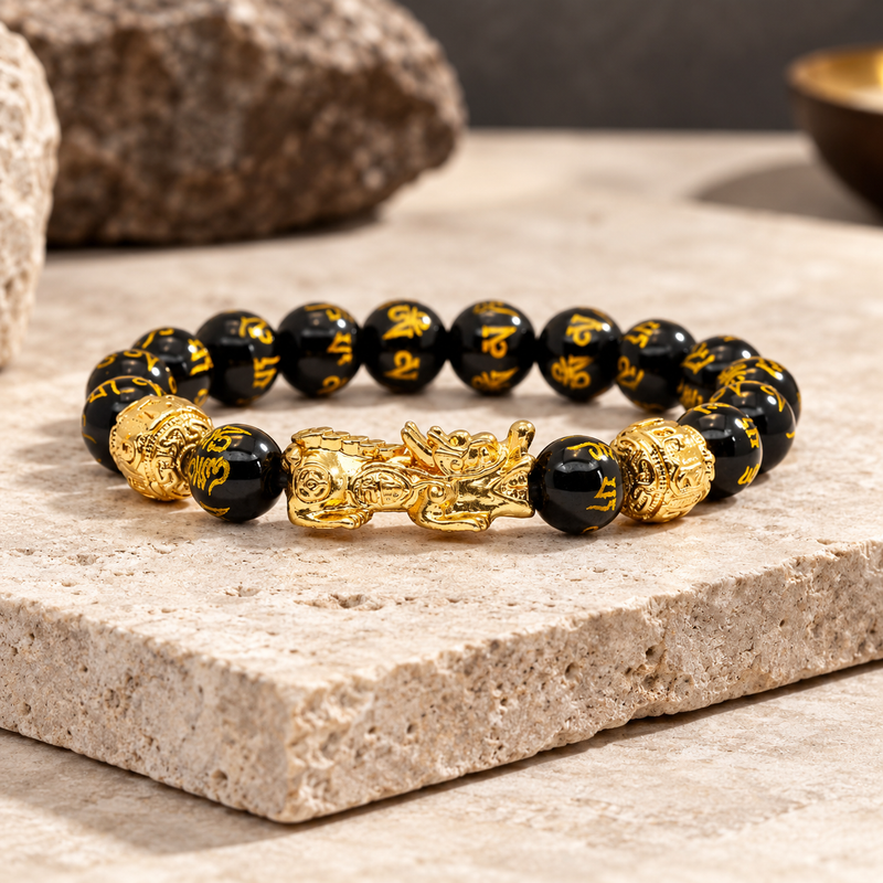 A black obsidian pi xiu bracelet printed with gold Chinese characters, accented by two gold dragon figures and gold decorative beads, displayed on a textured stone slab.