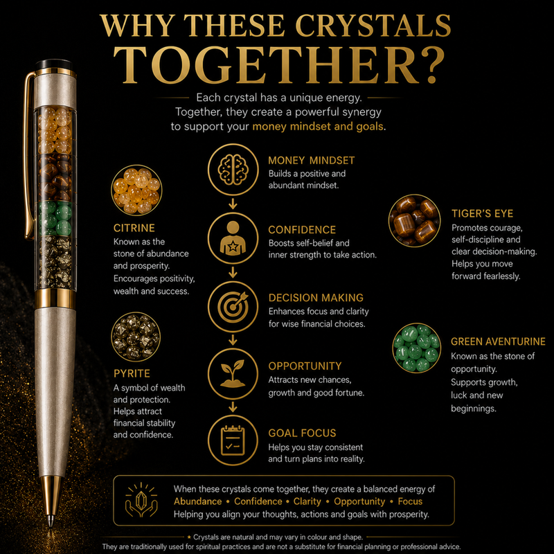 money magnet pen showing the benefits of the crystals