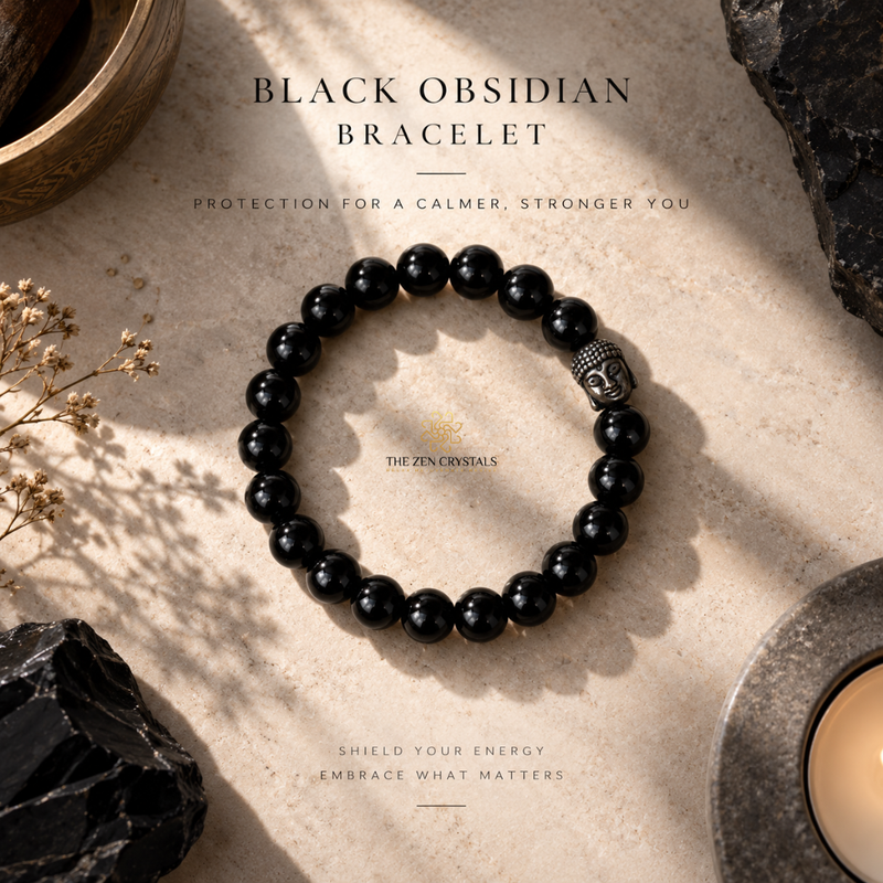 A black obsidian beaded bracelet with a silver-toned Buddha head charm, displayed on a textured beige stone surface with decorative rocks and dried flowers. Text above reads 'BLACK OBSIDIAN BRACELET' and 'PROTECTION FOR A CALMER, STRONGER YOU' with 'THE ZEN CRYSTALS' logo below the bracelet.