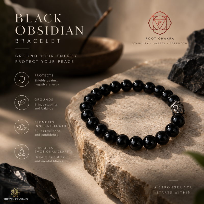 A black obsidian beaded bracelet with a silver-toned skull charm rests on a textured stone slab. The background is a warm, atmospheric studio setting with dark rocks and soft light, featuring promotional text for 'Black Obsidian Bracelet' by The Zen Crystals and Root Chakra.
