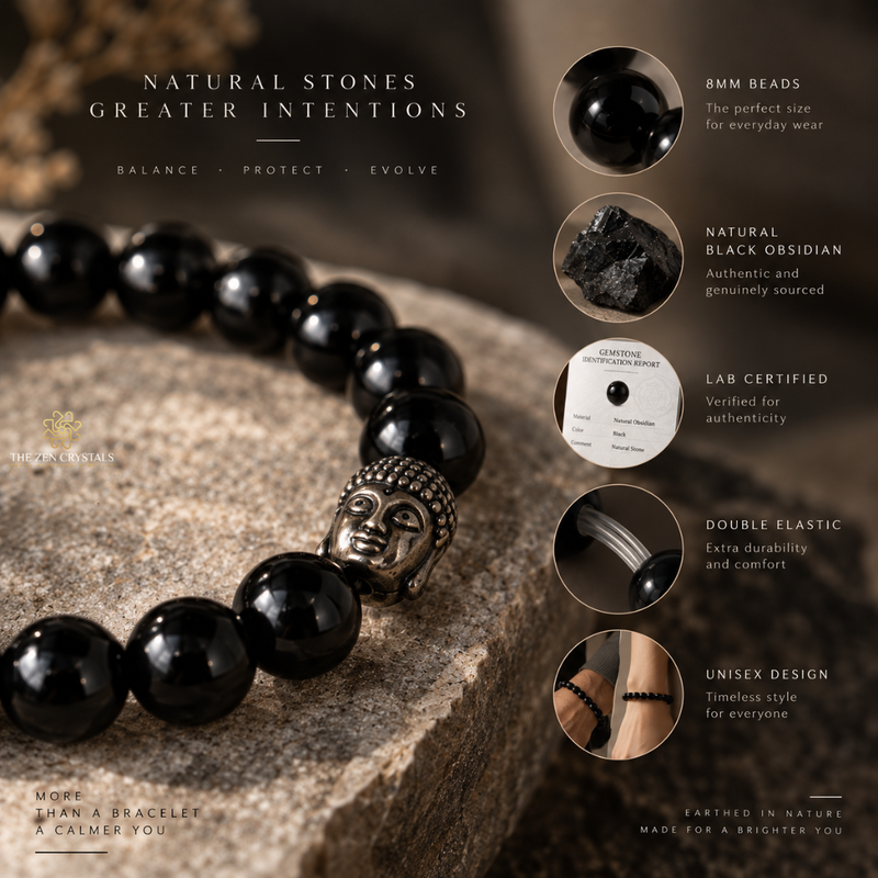 Black stone beaded bracelet with a metallic Buddha head charm, displayed on a textured stone surface with promotional text and inset detail circles.