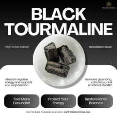 Raw black tourmaline crystals with text about its properties and benefits.