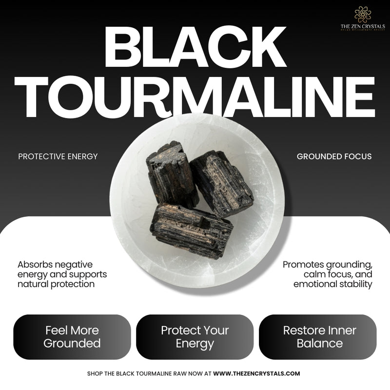 Raw black tourmaline crystals with text about its properties and benefits.