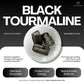 Raw black tourmaline crystals with text about its properties and benefits.