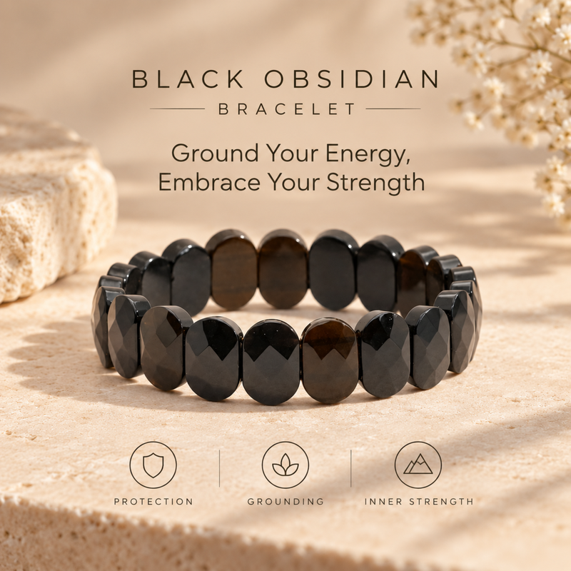 Black obsidian beaded bracelet displayed on a beige stone surface with decorative dried flowers and text reading 'BLACK OBSIDIAN BRACELET' and 'Ground Your Energy, Embrace Your Strength.'.