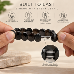 A pair of hands holds a Faceted Black Obsidian bracelet against a warm beige background with feature callouts and a zoomed-in inset showing the double-layer elastic mechanism.