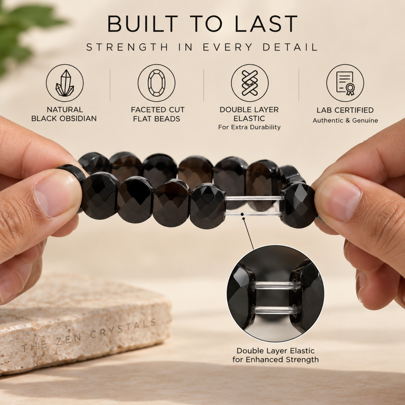 A pair of hands holds a Faceted Black Obsidian bracelet against a warm beige background with feature callouts and a zoomed-in inset showing the double-layer elastic mechanism.