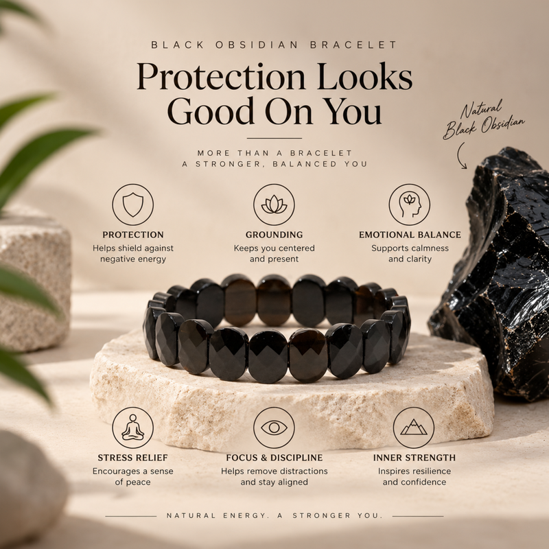 A black obsidian beaded bracelet displayed on a stone pedestal with a large black mineral specimen beside it. The image includes marketing text about the bracelet's spiritual benefits and uses a soft beige background with subtle plant leaves.